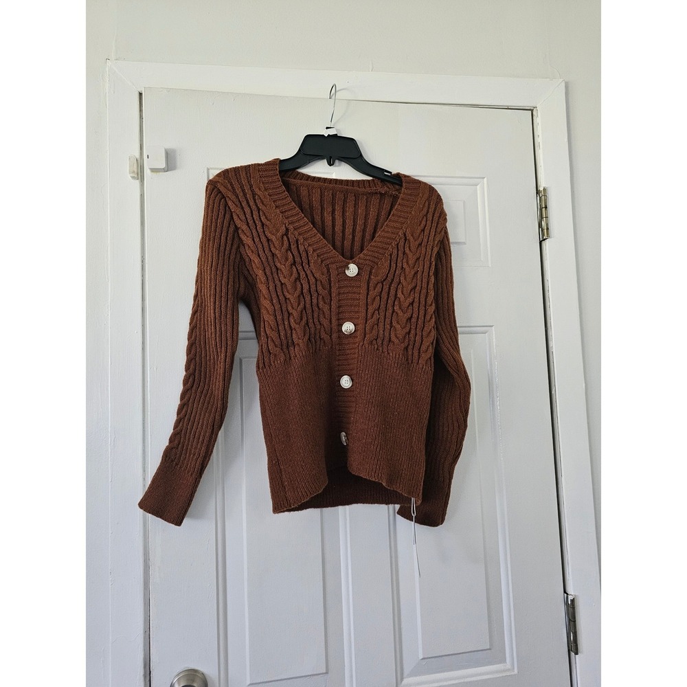 CUPSHE Cable Knit Cardigan Women Small Brown NEW V-Neck‎ Button Front Sweater
